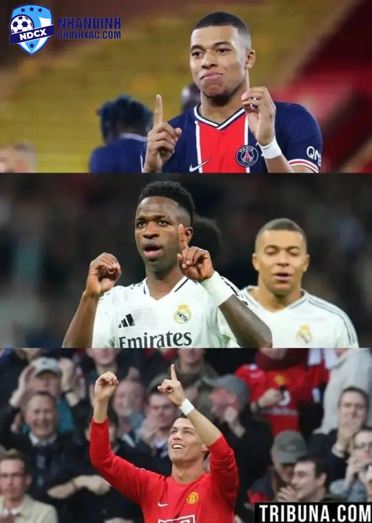 Vinicius tái hiện màn ăn mừng của Ronaldo và Mbappe. Ảnh: Tribuna