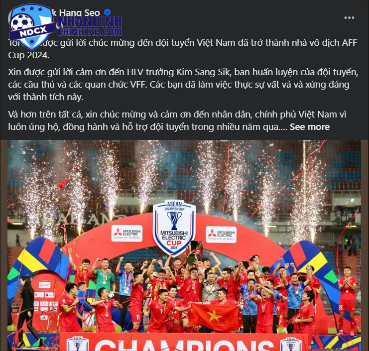 HLV Park Hang Seo Bày Tỏ Cảm Xúc Sau Khi ĐT Việt Nam Giành Chức Vô Địch AFF Cup 2024